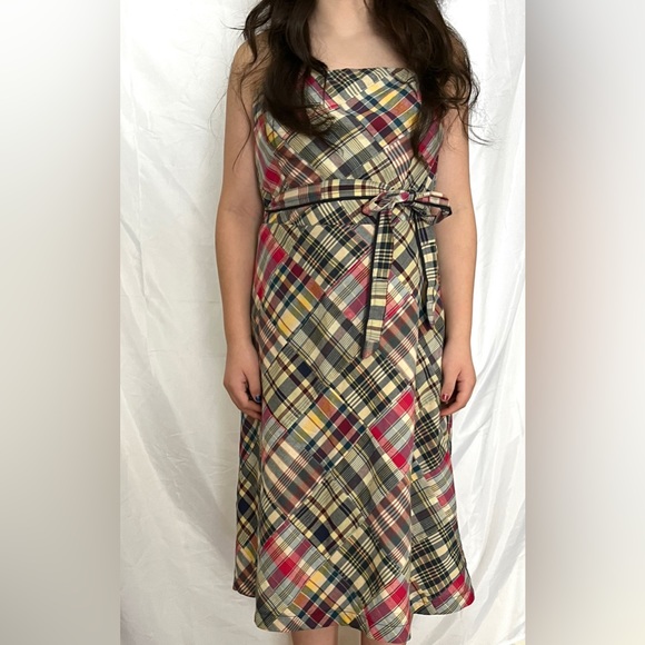 Y2K American Eagle Strapless Madras Plaid Patchwork Midi- Knee Length Dress - Picture 7 of 15